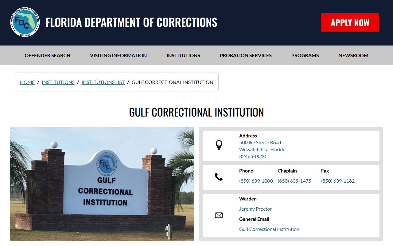 Florida DOC facility page for Gulf Correctional Institution inmate information