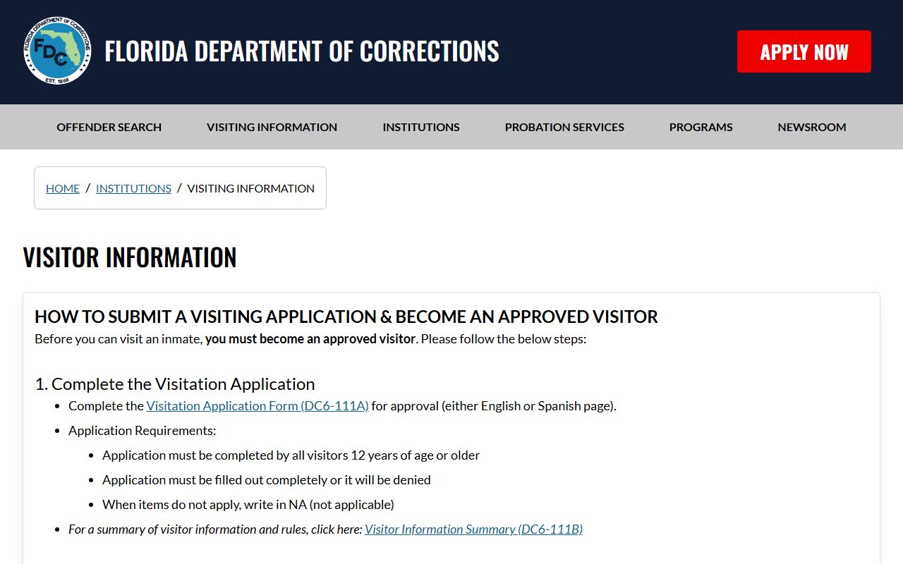 Florida DOC visitor application and scheduling rules for Gulf Correctional Institution