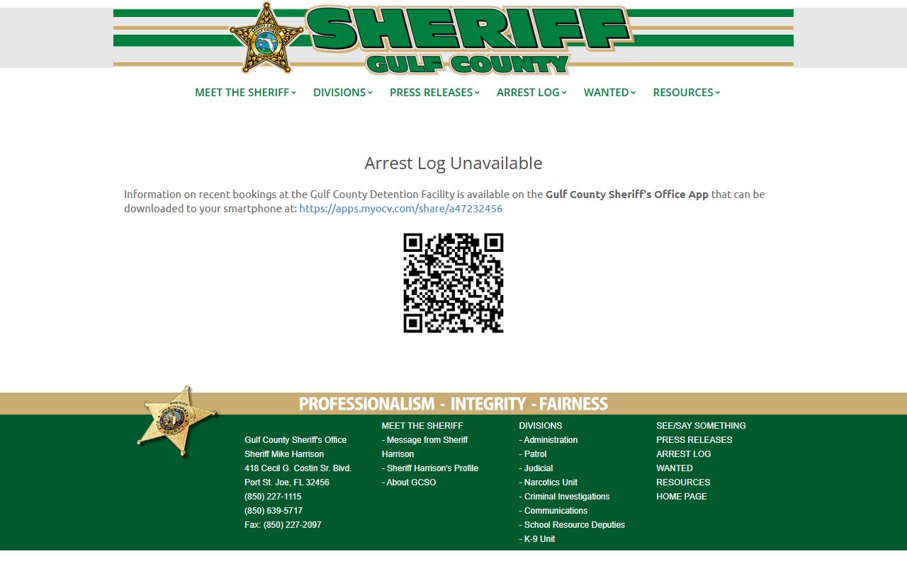 Gulf County arrest log page explaining the inmate population bookings are in the sheriff app
